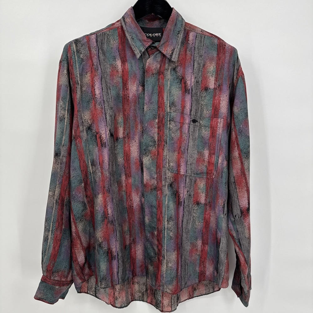 90s Colore Italia Mens 100% Pure Silk Button Down Shirt Abstract Print Medium